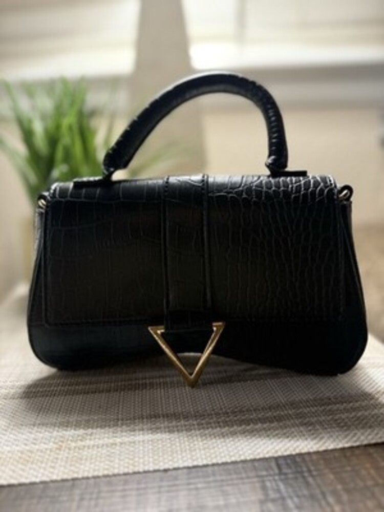 ASOS DESIGN curved crossbody bag with triangle hardware in black croc
